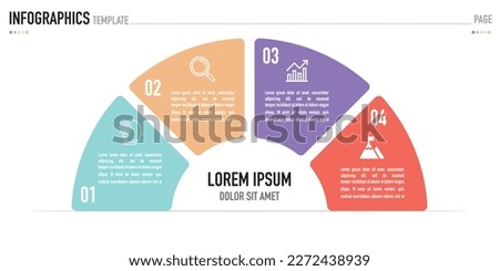 Semi circular infographic business template or element as a vector including 4 step, process, with colorful rectangle and icons on white background for slide or presentation, simple, modern, minimal