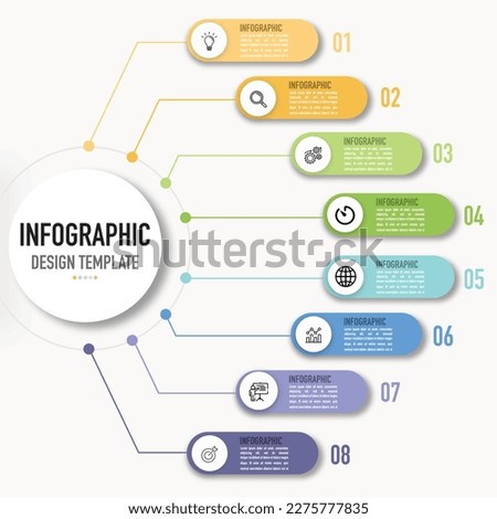 Mind map infographic business template or element as a vector with 8 step, process, option, colorful round rectangle and icons for sale, education slide or presentation, simple, minimal, modern style 