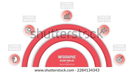 Semicircular, target infographic template or element with 5 step, process, option, colorful 3D circle layer, half, paper cut, icons, red, white, stair, funnel, pyramid for sale slide, modern style  