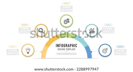 Semicircular mind map infographic template or element with 5 step, process, option, colorful 3D circle, tag, button, paper origami, circular, icons, thin line for sale slide, flowchart, brochure, web