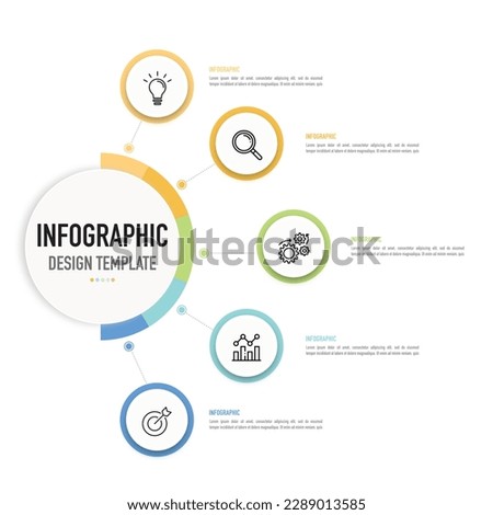 Circular mind map infographic template or element with 5 step, process, option, colorful 3D circle, tag, button, bar, thin line, icons, label for sale slide, brochure, flowchart, internet, banner, web