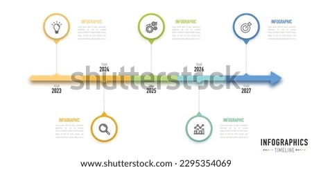 Timeline infographic template or element with 5 step, process, option, colorful 3D pin, circle, arrow, year 2023, 2024, 2025, 2026, 2027, paper origami, bar for sale slide, planner flowchart workflow