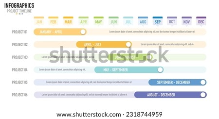 Gantt chart timeline 12 months infographic template or element with 6 project, process, step, option, colorful bar, arrow, minimal, modern style for sale slide, planner, workflow, roadmap, web