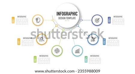 Circular mind map infographic template or element with 6 step, process, option, colorful circle, button, paper origami, tag, label, minimal style for sale slide, agenda, schedule, planner organization