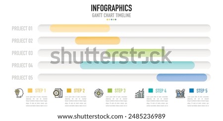 Gantt chart timeline infographic template or element with 5 project, process, step, option, colorful bar, arrow, minimal, modern style for sale slide, planner, workflow, roadmap, web