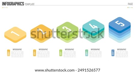 Rectangular isometric infographic template or element with 5 step, process, option, colorful rectangle, bar, column, arrow, minimal style, slide