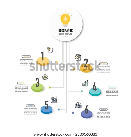 Circular mind map infographic template or element with 6 step, process, option, colorful circle, rectangle, label, icons, button, thin line, minimal, modern style for sale slide, flowchart, workflow