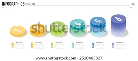 Circular isometric infographic template or element with 6 step, process, option, colorful circle, bar, column, arrow, minimal style, slide