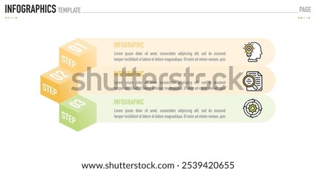 Infographic template or element with 3 step, process, option, colorful 3D square, rectangle, box layer, pyramid, funnel, icons on white background for sale slide, minimal modern simple style, origami