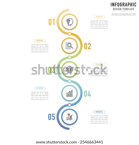 Circular curve infographic template or element with 5 step, process, option, colorful circle, button, round, paper origami, number, arrow, minimal style for sale slide, workflow, planner, agenda, web