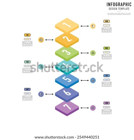 Rectangular isometric infographic template or element with 7 step, process, option, colorful rectangle, bar, column, arrow, minimal style, slide