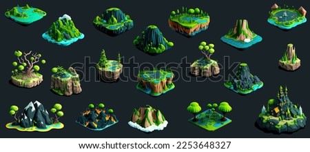 Green rocky flying islands with rocky hills. Fantastic islands isolated on black background. Isolated set of cartoon illustrations. Vector