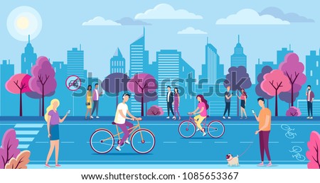 People with bicycles in the ecologically pure city park, landscape. Cycle lane, mobile internet technology and no car sign