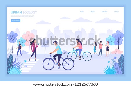 Urban ecology city street vector illustration. People walking in the city park