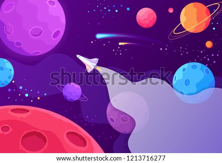 Spaceship travel to the new planets and galaxies. Space trip future technology