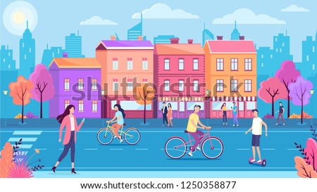 Color town street road and walking people  vector illustration Сток-фото © 