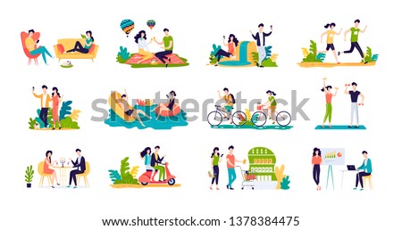 Happy young couple have funny romantic summer vacation time vector flat illustration