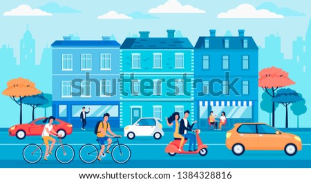 Blue colour modern city street and transport flat vector illustration