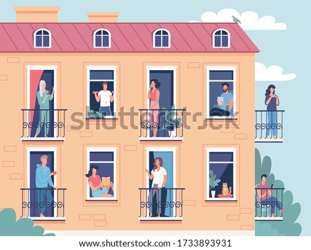 Different people spend time at their apartments. Old building windows and neighbors vector illustration