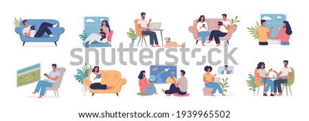 Different people have greet time at home in quarantine time vector set illustration. They are resting on a couch, working remotely, watching movies, sleeping, reading books, eating, playing  games