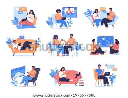 Different people spending their time at home vector illustration set. Happy young people playing games, watching movies, talking, sleeping, reading books and eating meal 