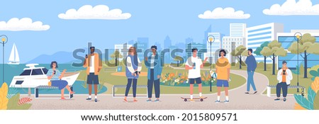 Young people rest and walk on the 
 promenade of seaside resort city. Colorful city park with trees, flowers flowerbed, benches, rest area and sea quay beach. Cartoon people characters illustration ストックフォト © 