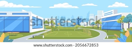 Modern city street with sports ground with soccer and basketball court and modern buildings