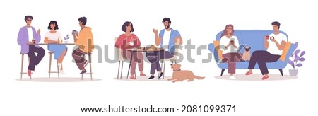 Young people relax in a coffee shop, meet friends, drink coffee at home vector set