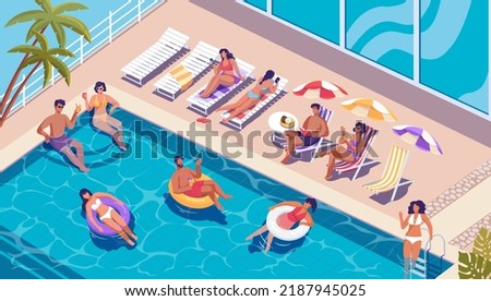 People relaxing at the swimming in pool, taking sunbeds and having fun. Colorful isometric illustration