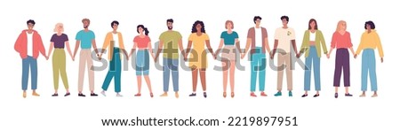 Group of young people standing together and holding hands colorful vector illustration