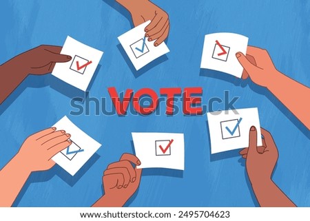 People voting. Different hands hold papers with votes.Election day illustration