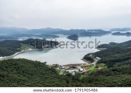 The view of Jindo and Jeopdo Island taken from Jeopdo wellbeing hiking trail. Jindo Island, South Korea Stok fotoğraf © 