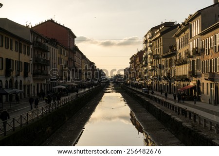 Navigli District Canal reflection scene in Milan, Italy.