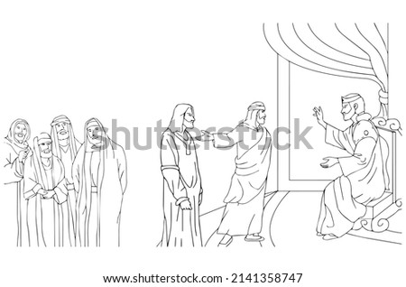 Jesus standing in front of Pilate Pontiusn, vector.