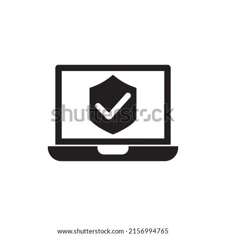 Laptop with shield and check sign, computer antivirus icon in black flat glyph, filled style isolated on white background