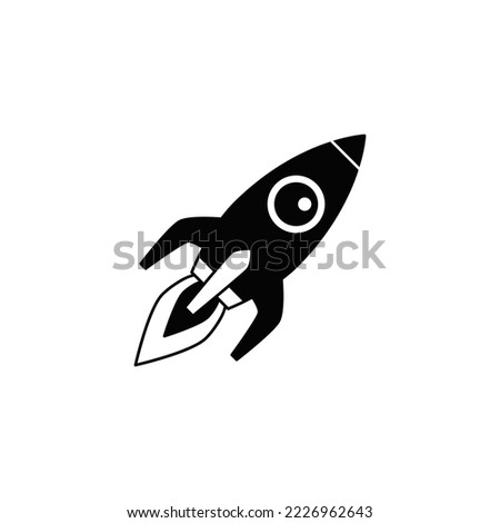 Flying rocket icon in black flat glyph, filled style isolated on white background