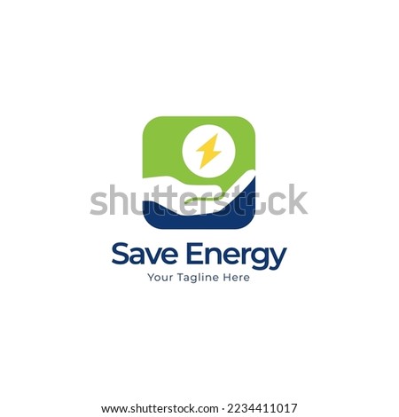 Save energy icon. Lightning bolt between hand icon in black flat glyph, filled style isolated on white background