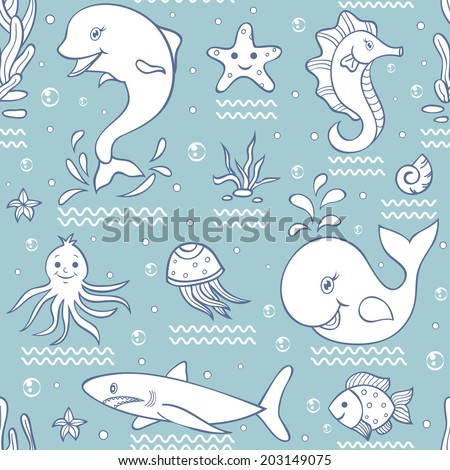 Vector illustration of seamless pattern with ocean animals.Underwater world