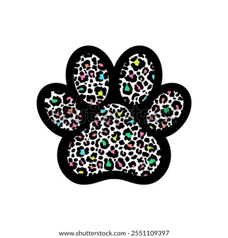 Paw print filled with a colorful leopard pattern.