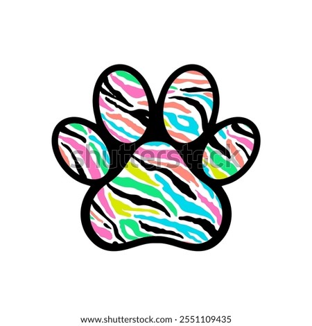 Paw print filled with colorful stripes.