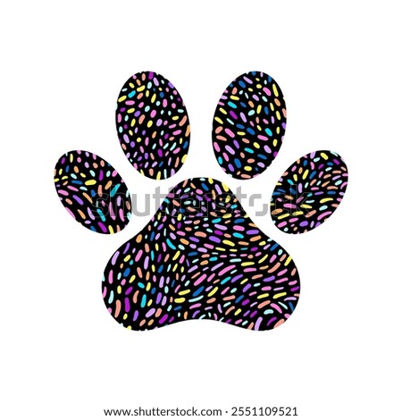 Paw print filled with  multicolored sprinkle pattern on a black background.