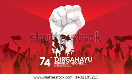 17 August. Indonesia Happy Independence Day greeting card with hands clenched, Spirit of freedom symbol. Use for banner, and background . - Vector