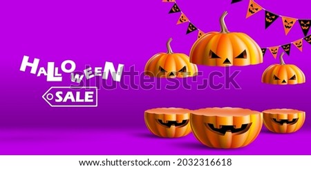 Halloween sale podium for product. Stand show and showcase with halloween concept. Stage With pumpkin for promo and discount
