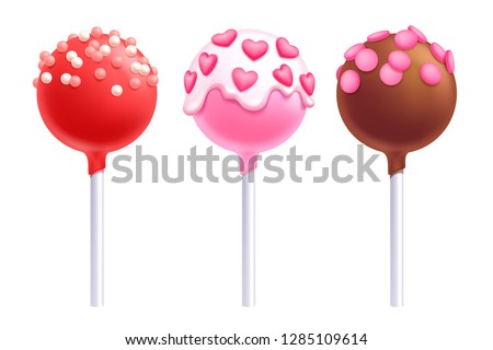 Valentine's day lollipops set. Colorful cake pops on stick with sprinkles and frosting.