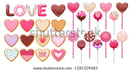 Valentine's day decorated cookies, cake pops and lollipops set vector illustration.