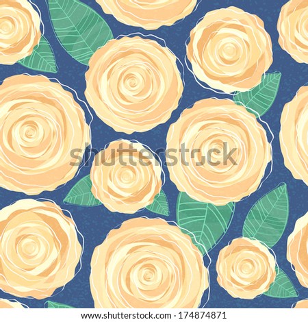 Seamless decorative background with blooming flowers. Yellow roses and leaves on dark blue back.
