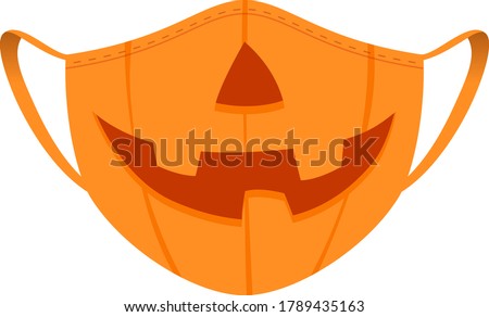 Halloween mask - covid-19 medical mask with funny design - pumpkin with nose and smile. Holiday costume vector illustration.