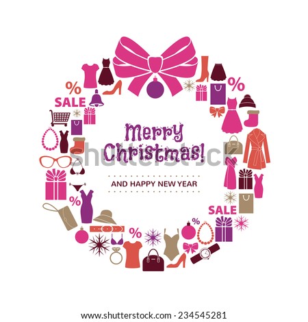 Christmas wreath of shopping icons. Clothes and accessorize sale.  New year gifts. White background.  Flat style.