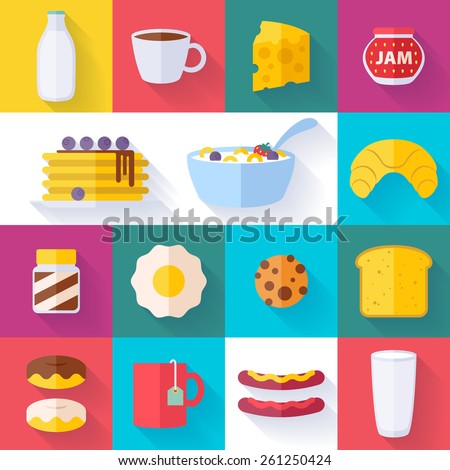Set of colorful breakfast icons flat style with shadow. Morning food symbols.