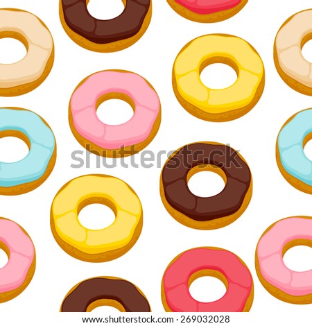 Colorful donuts cookies seamless background. Sweet food pattern.